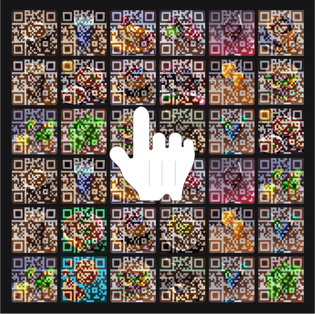 Grid of colorful food QR codes with a central pick hand