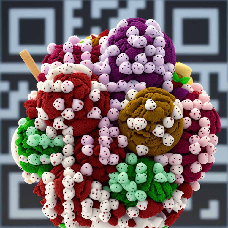 QR code representing colorful ice cream with chocolate and berries