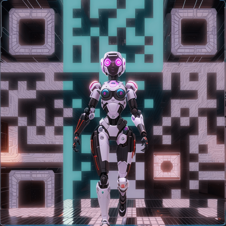 QR code illustrating a cyberpunk robot