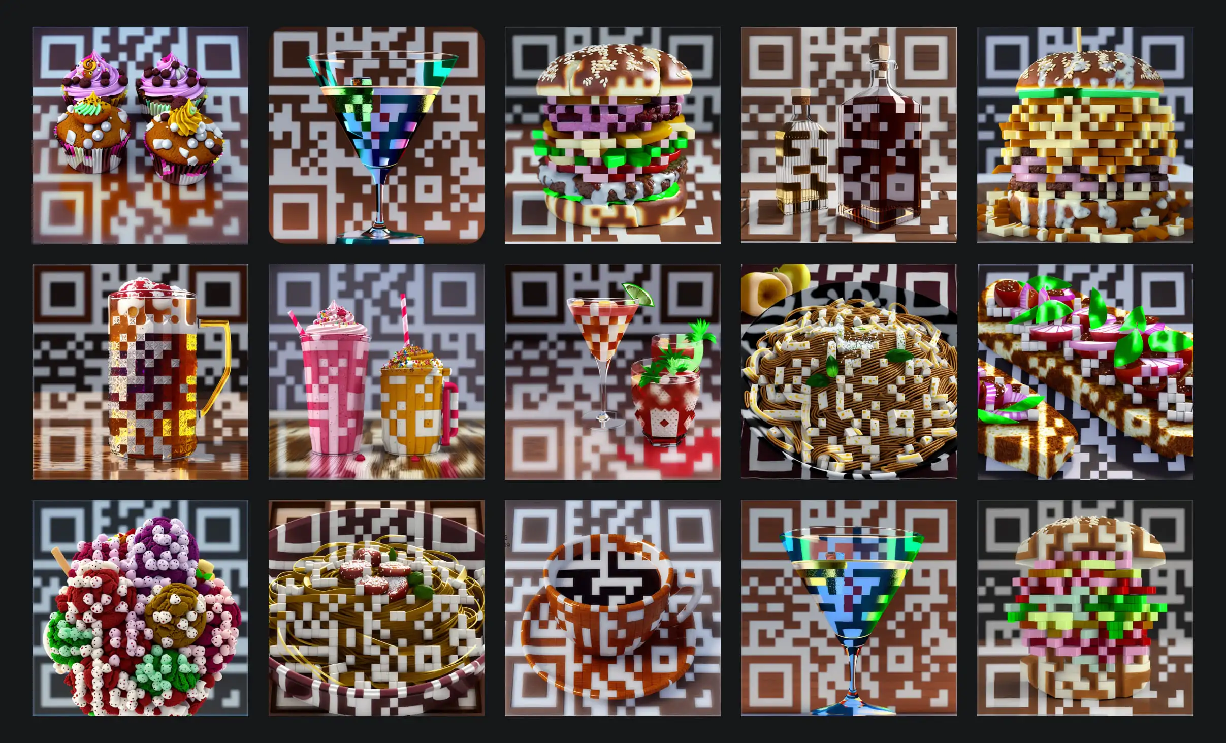 Grid of artistic QR codes themed on Asian food, drinks, and desserts